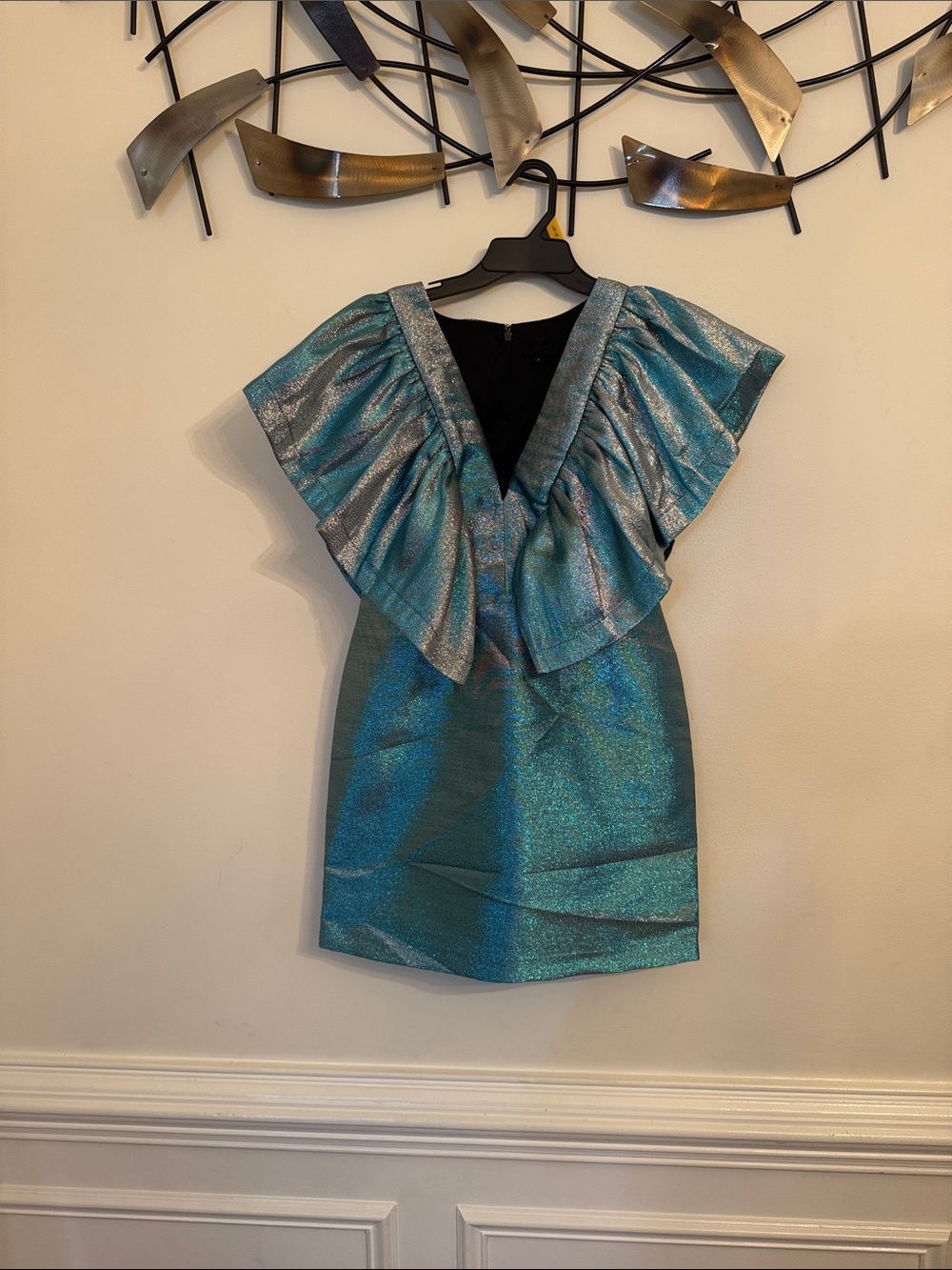 River Island Shimmer Teal & Silver Ruffle V-Neck Party Dress